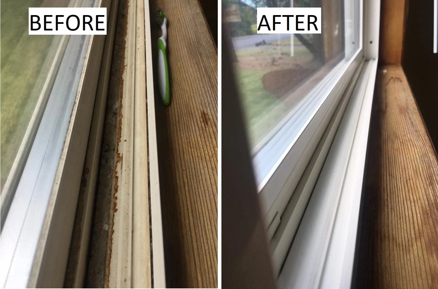 Before and after photo from a Monique's Cleaning Services LLC visit — window track cleaning