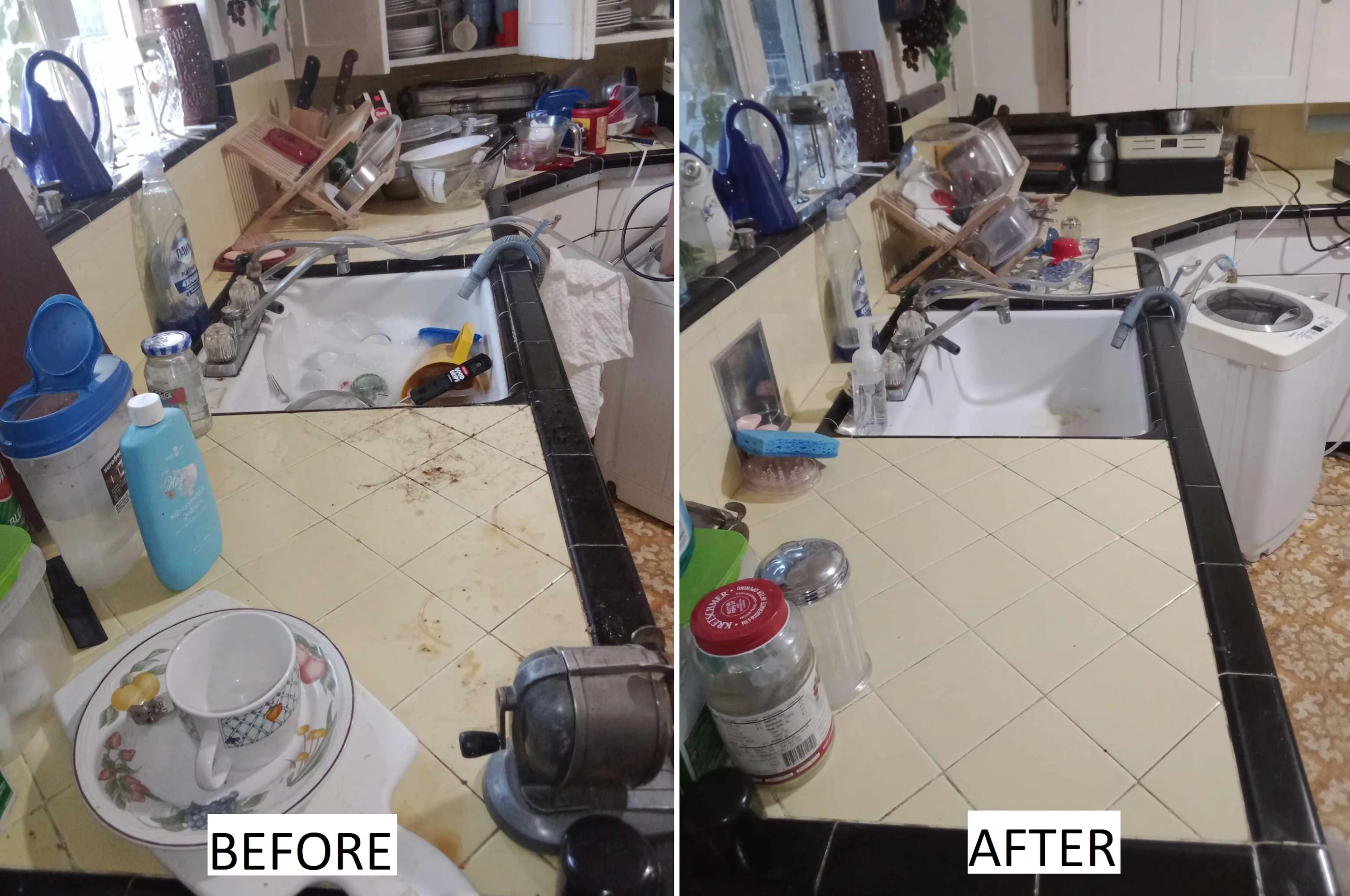 Before and after photo from a Monique's Cleaning Services LLC visit — kitchen cleaning