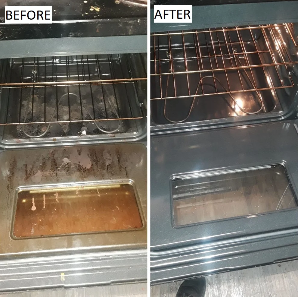 Before and after photo from a Monique's Cleaning Services LLC visit — interior oven cleaning